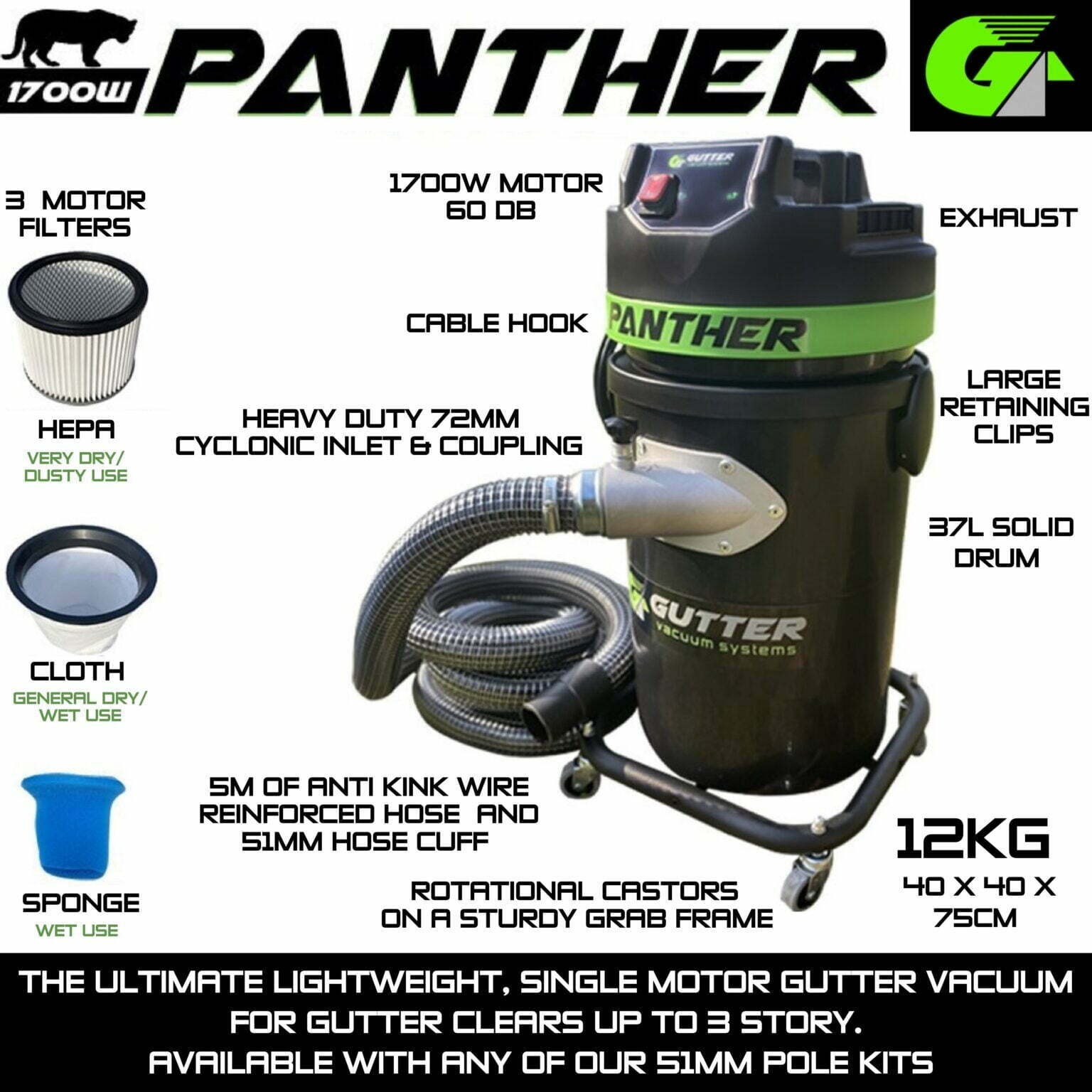 1700W Panther The Ultimate Compact Gutter Vacuum Gutter Vacuum Systems