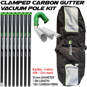 Our Clamped Carbon Fibre Pole Kits with Flexi-Neck has you and heavy gutter clears in mind, a reinforced ring, quick release clamp and internal stop barrier