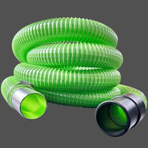 Green wire reinforced hose with joiner and hose cuff