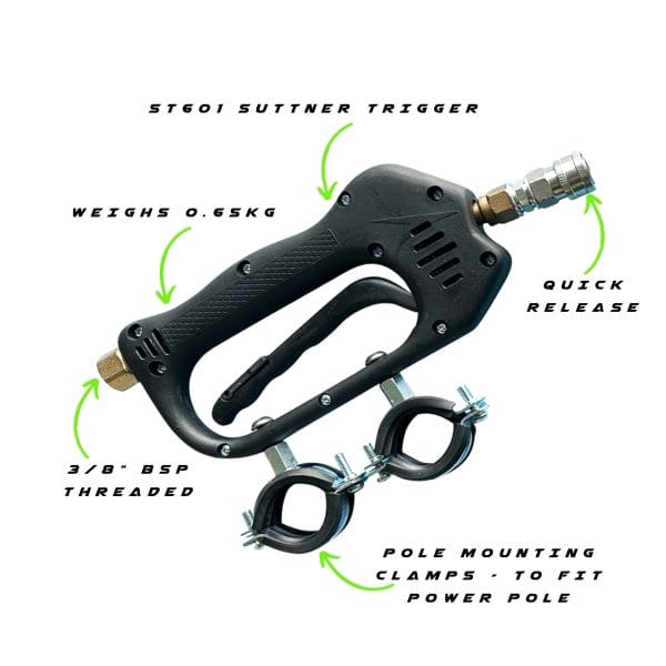 ST601 Suttner Trigger for the GVS 20 Power Pole Conversion Kit - fitted with clamps to attach to power pole with quick release and 3/8" BSP Threaded fittings
