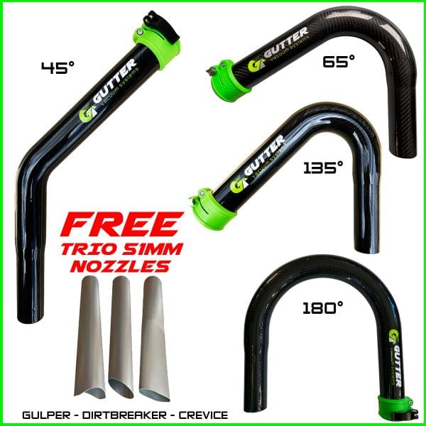 Carbon Rigid Neck Pack of 4 including FREE Nozzles includes: 65°, 135°, 45° and 180° necks designed to help you efficiently clear gutters, especially in difficult or awkward angles.