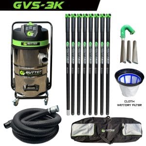 GVS-3K gutter vacuum system — 3,000 W, 80 L drum, with clamped carbon fibre poles and a flexible neck