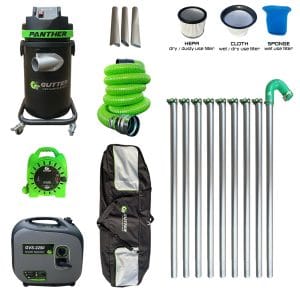 1700W Panther 36ft Aluminium Poles package includes 5m Green Wire Reinforced Hose, GVS-2250 Inverter Generator, 25m 13a 1.25mm² Extension Reel, 3 Standard Nozzles, Filters and a Pole Bag