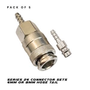 Pack of 5 Series 26 connector sets, available with 6mm or 8mm hose tail options. Ideal for efficient window cleaning setups.